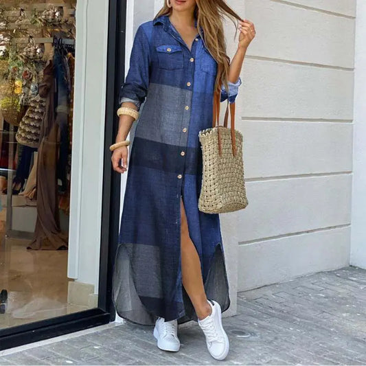 Hannah – Denim Maxi Dress with Buttons & Long Sleeves