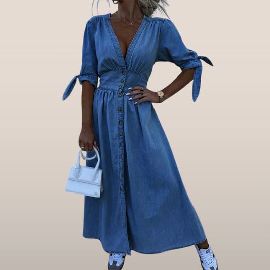 Nora – Fitted Denim Dress with Tie Sleeve Detail
